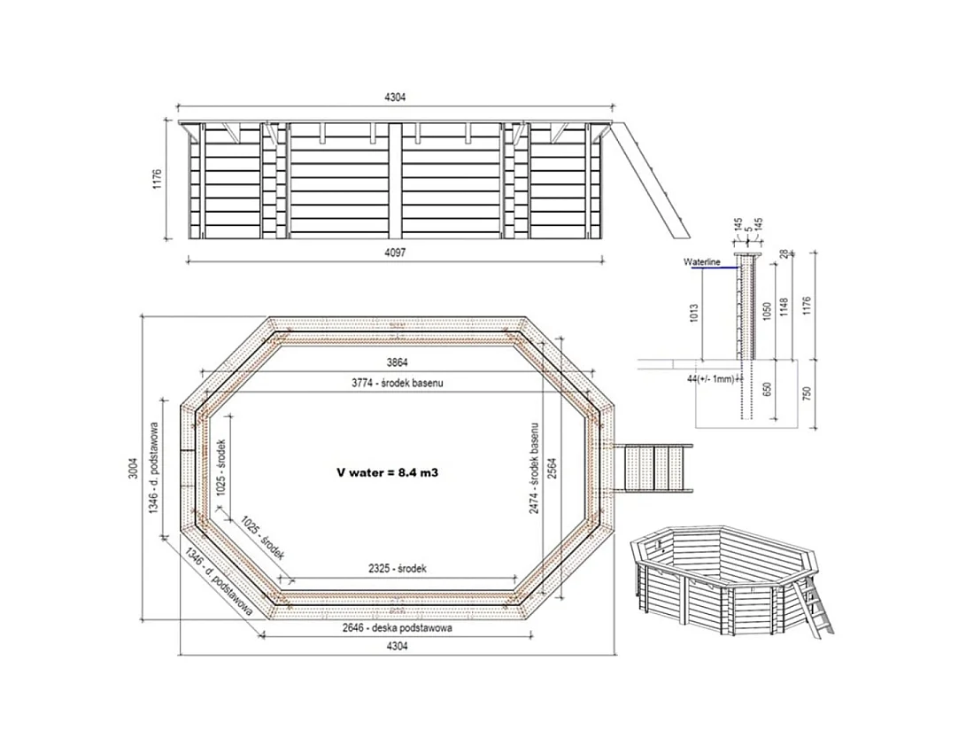 Piscina in legno NEMO 4.3 x 3 - H.1.18 m, azzurro chiaro, con supporti fissati al calcestruzzo - BAS7302OSPL - ALTANKA