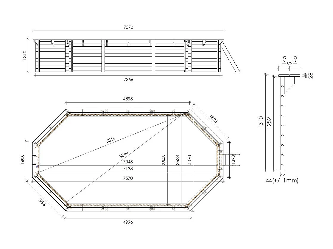 Piscina in legno 7,57x4,07 - H.1,31 m su telaio senza cementazione - BAS745OSPU - ALTANKA