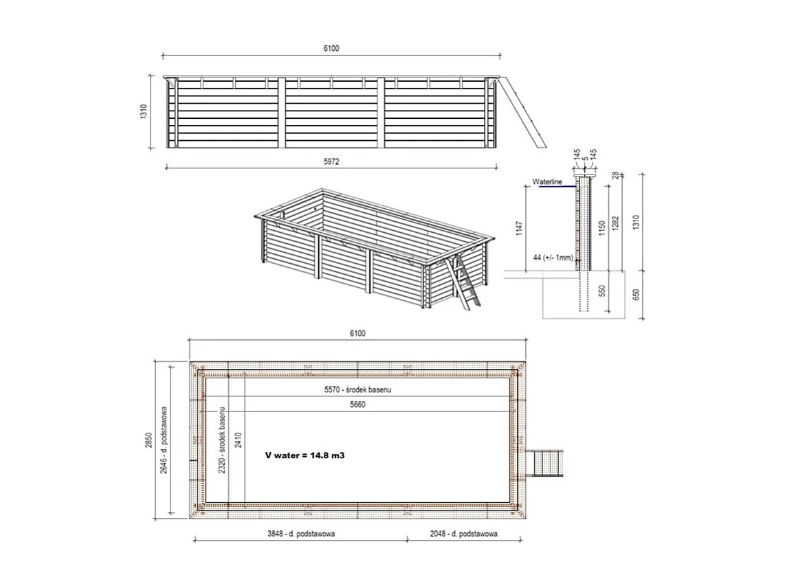 Piscine en bois Aqua 6.1x2.85 - H.1.31 m fixations à visser - BAS7307OSPL - ALTANKA