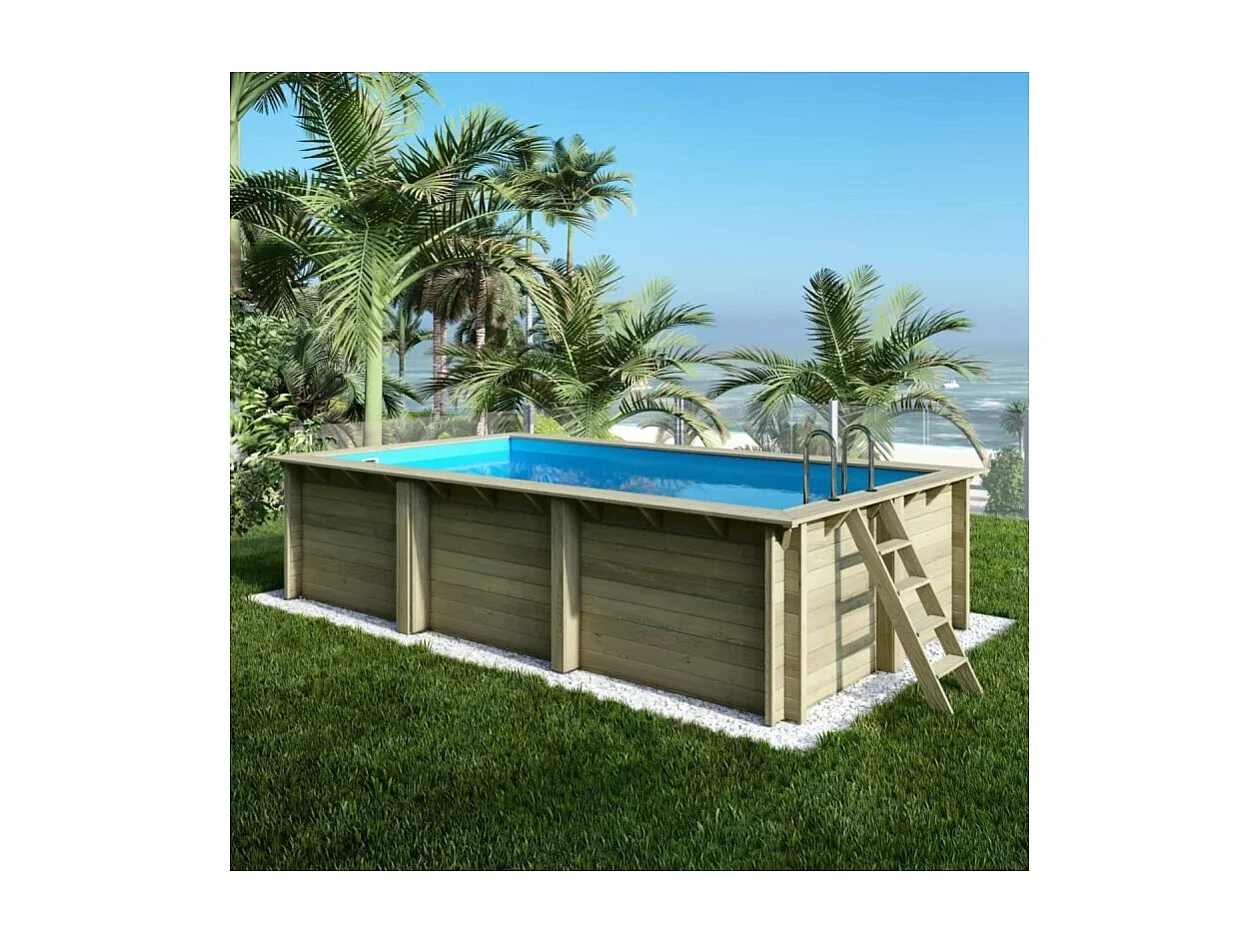 Piscina in legno AQUA 6.1 x 2.85 - H.1.31 m, azzurro chiaro, con supporti fissati al calcestruzzo - BAS7307OSPL - ALTANKA