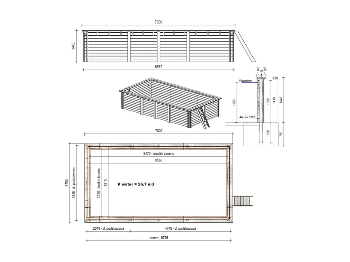 Piscina in legno Aqua 7x3.75 - H.1.45 m fissate su calcestruzzo esistente - BAS7308OSPL - ALTANKA