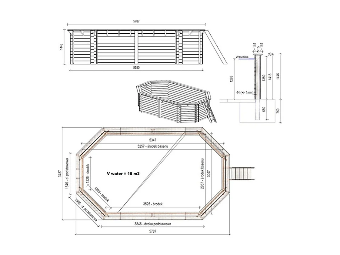 Piscine en bois Nemo 5.79x3.49 - H.1.45 m cadre en métal, sans dalle béton - BAS7304OSPU+SZA - ALTANKA