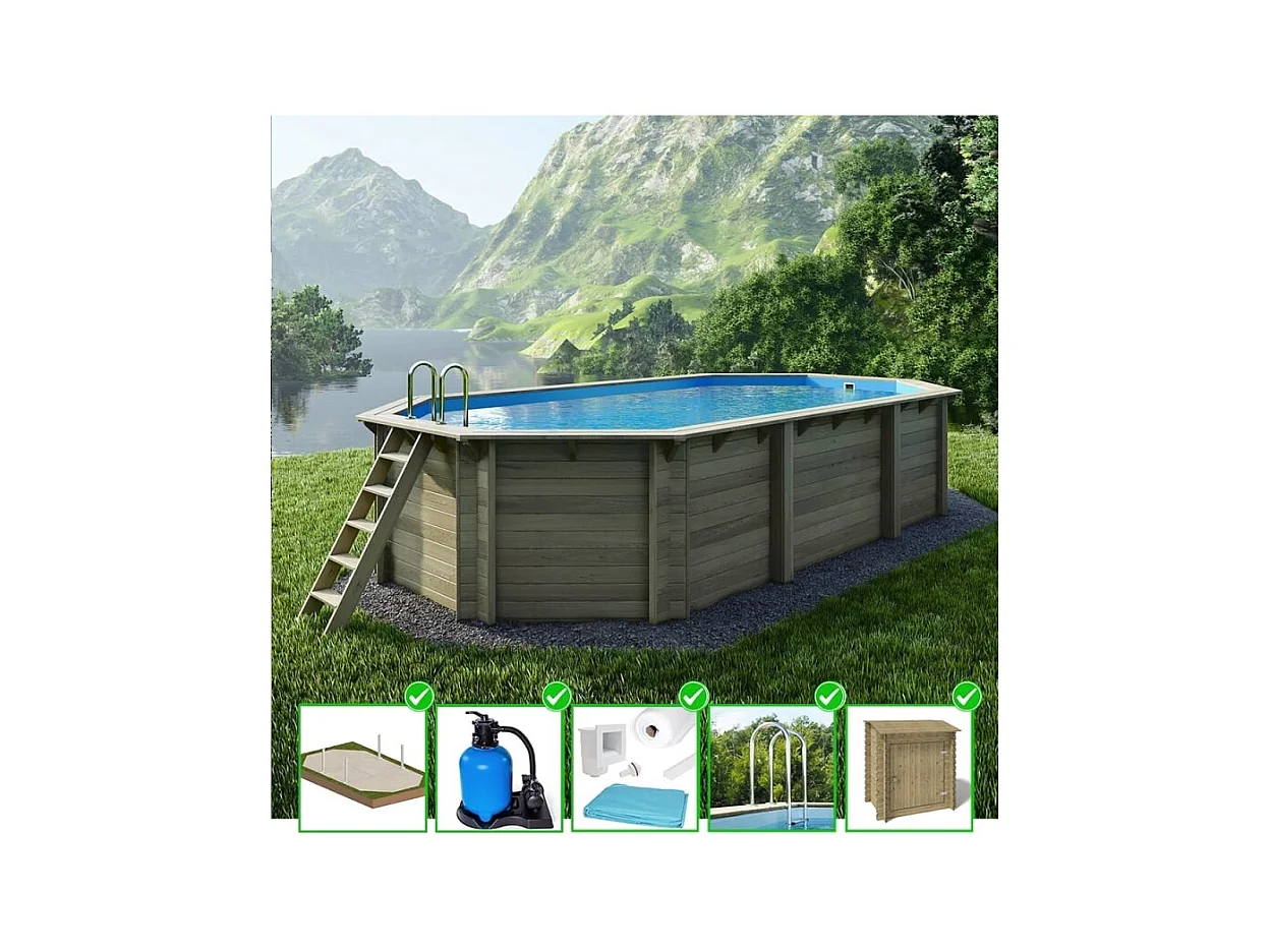 Piscina in legno Nemo 7.3x3.97 - H.1.45 m su telaio senza cementazione - BAS7305OSPU+SZA - ALTANKA