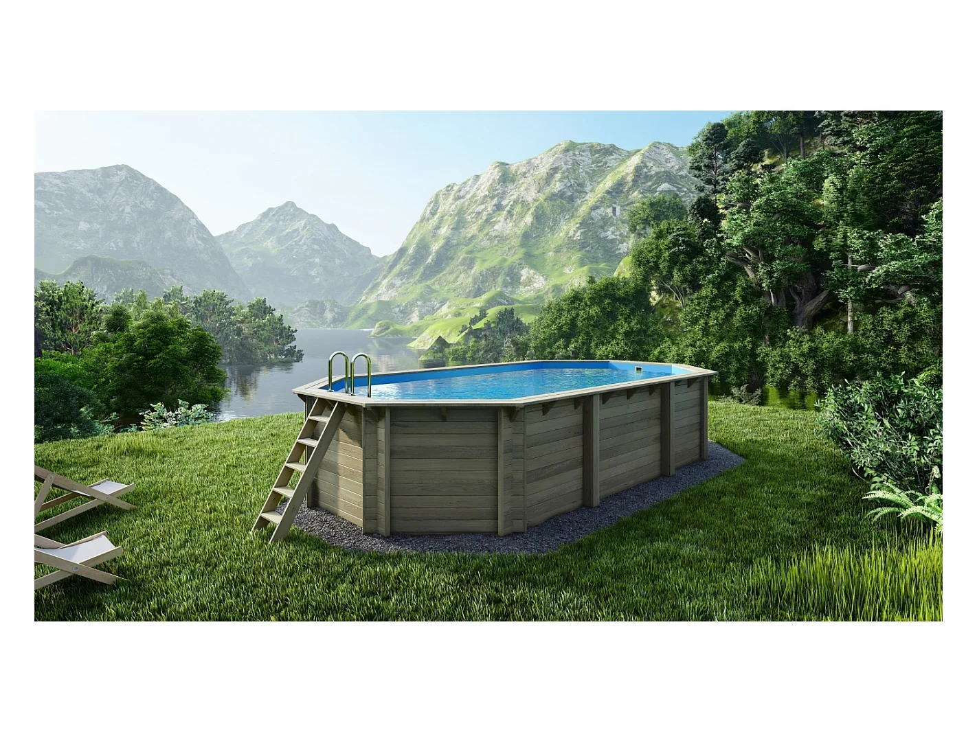 Piscine en bois Nemo 7.3x3.97 - H.1.45 m cadre en métal, sans dalle béton - BAS7305OSPU+SZA - ALTANKA