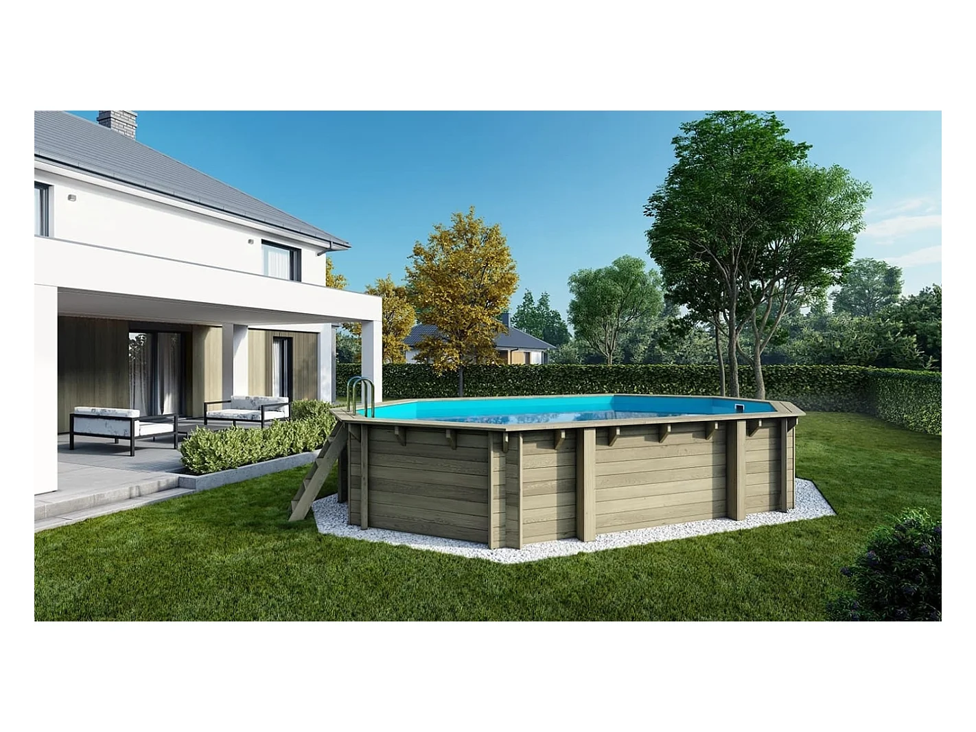 Piscina in legno  6.57x4.07 - H.1.20 m fissate su calcestruzzo esistente - BAS748OSPL+SZA - ALTANKA