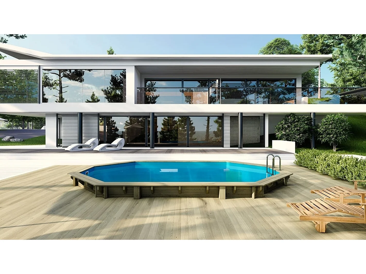 Piscina in legno  6.57x4.07 - H.1.2 m fissate su calcestruzzo esistente - BAS748OSPL+SZA - ALTANKA