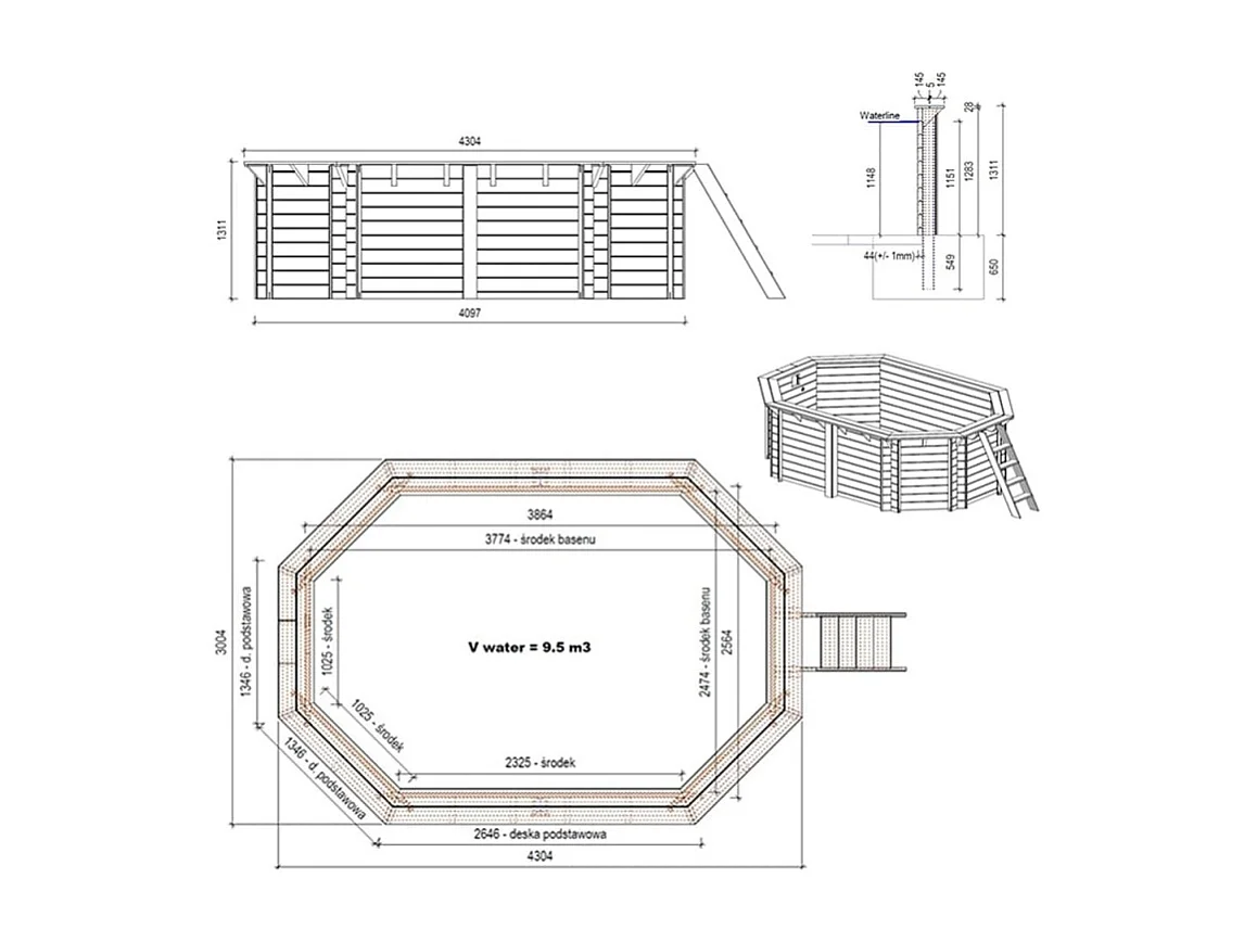 Piscine en bois Nemo 4.3x3 - H.1.31 m fixations à visser - BAS7303OSPL - ALTANKA