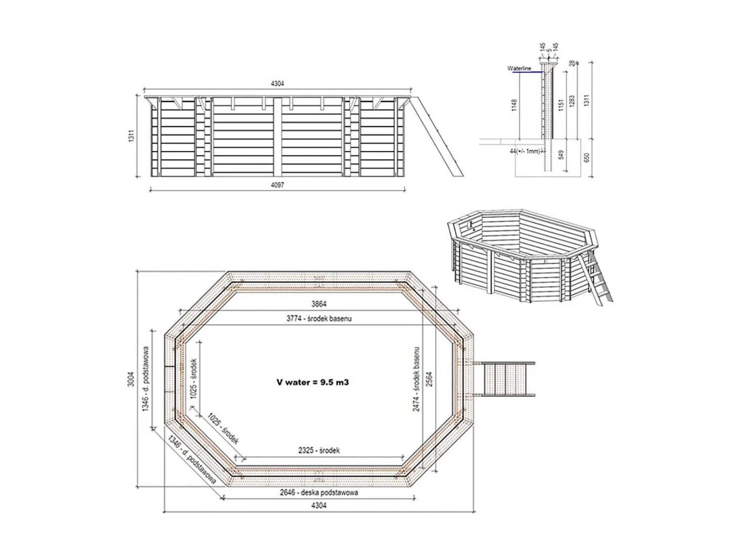 Piscine en bois NEMO 4.3 x 3 - H.1.31 m, bleu pâle, fixations à visser - BAS7303OSPL - ALTANKA