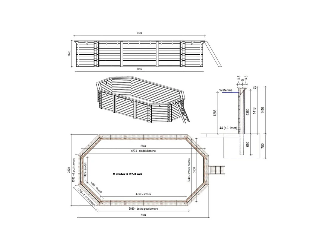 Piscine en bois Nemo 7.3x3.97 - H.1.45 m fixations à visser - BAS7305OSPL - ALTANKA