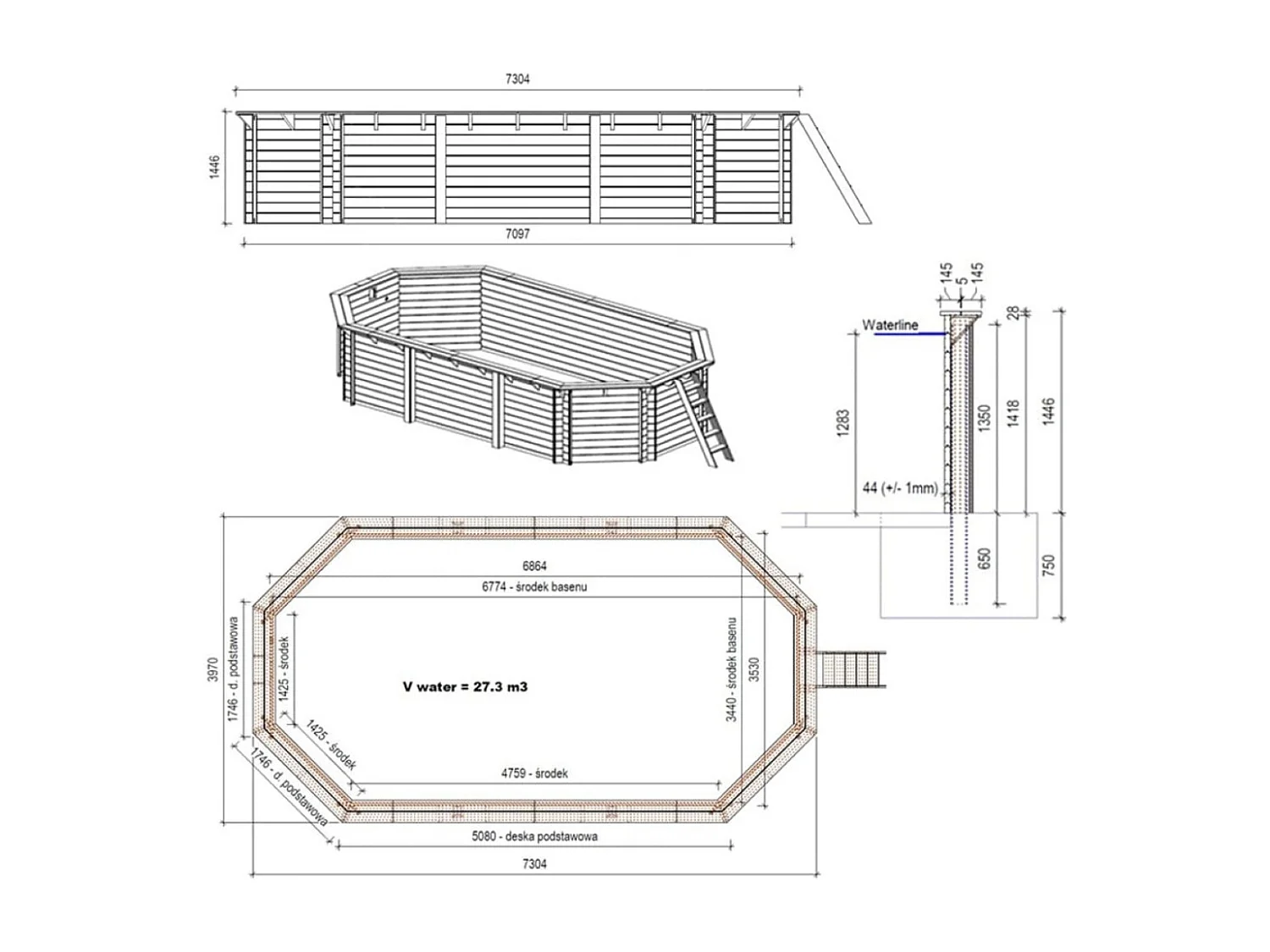 Piscine en bois NEMO 7.3 x 3.97 - H.1.45 m, bleu pâle, fixations à visser - BAS7305OSPL - ALTANKA