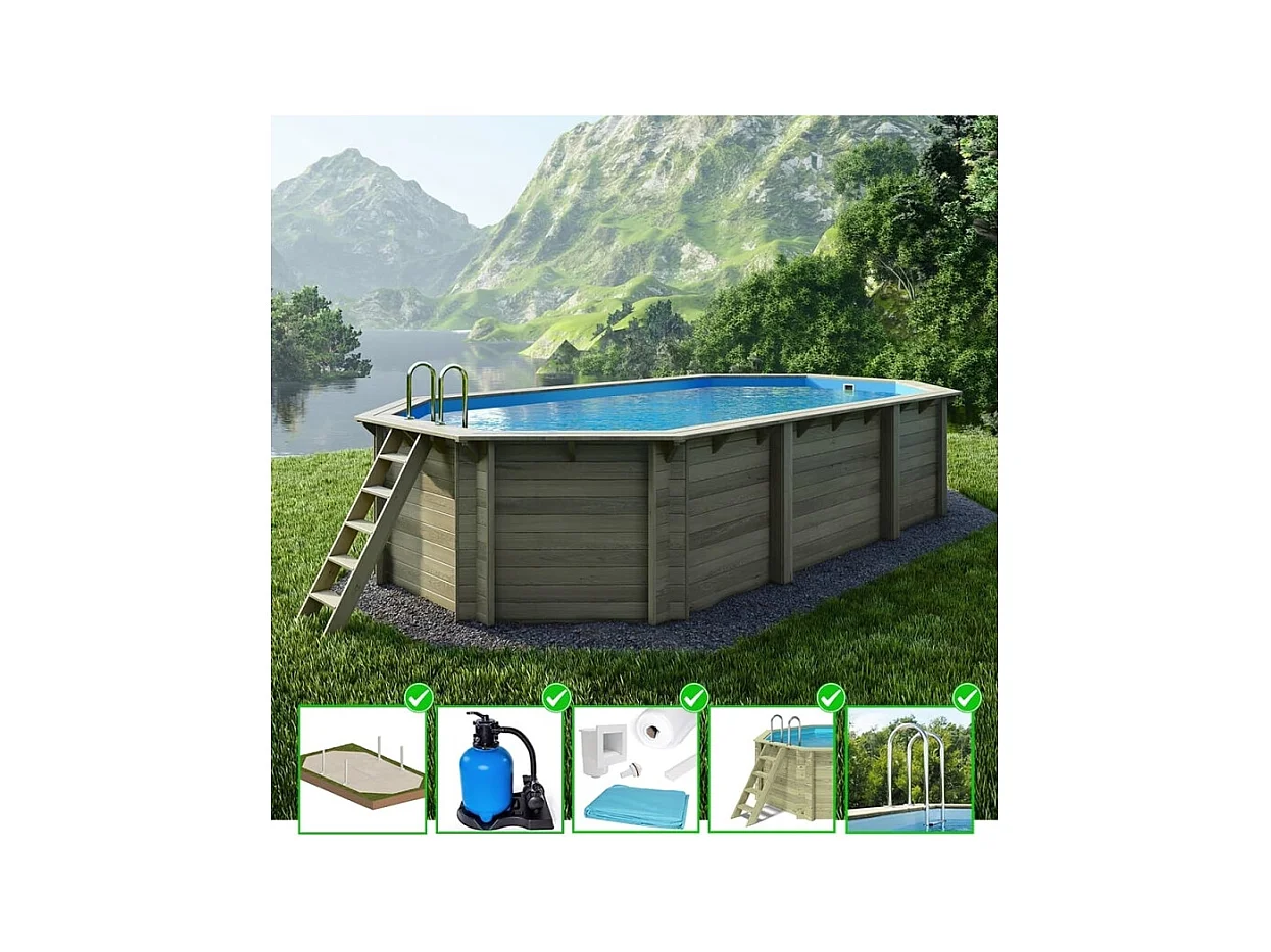 Piscina in legno Nemo 7.3x3.97 - H.1.45 m su telaio senza cementazione - BAS7305OSPU - ALTANKA