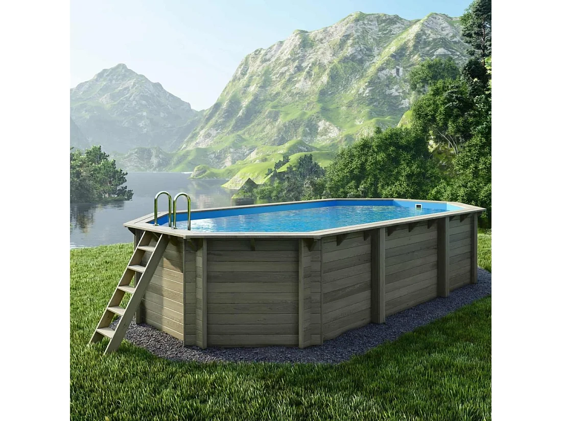 Piscine en bois NEMO 7.3 x 3.97 - H.1.45 m, bleu pâle, cadre en métal - sans dalle - BAS7305OSPU - ALTANKA