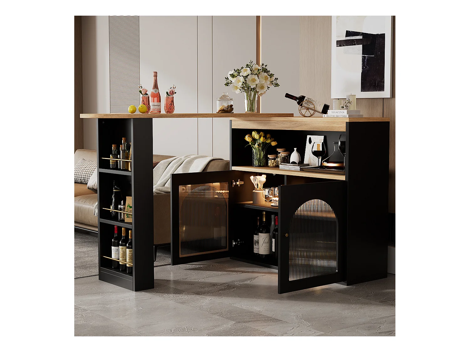 URBAN MEUBLE Table à manger extensible rotative moderne noir avec rangement et bande lumineuse LED