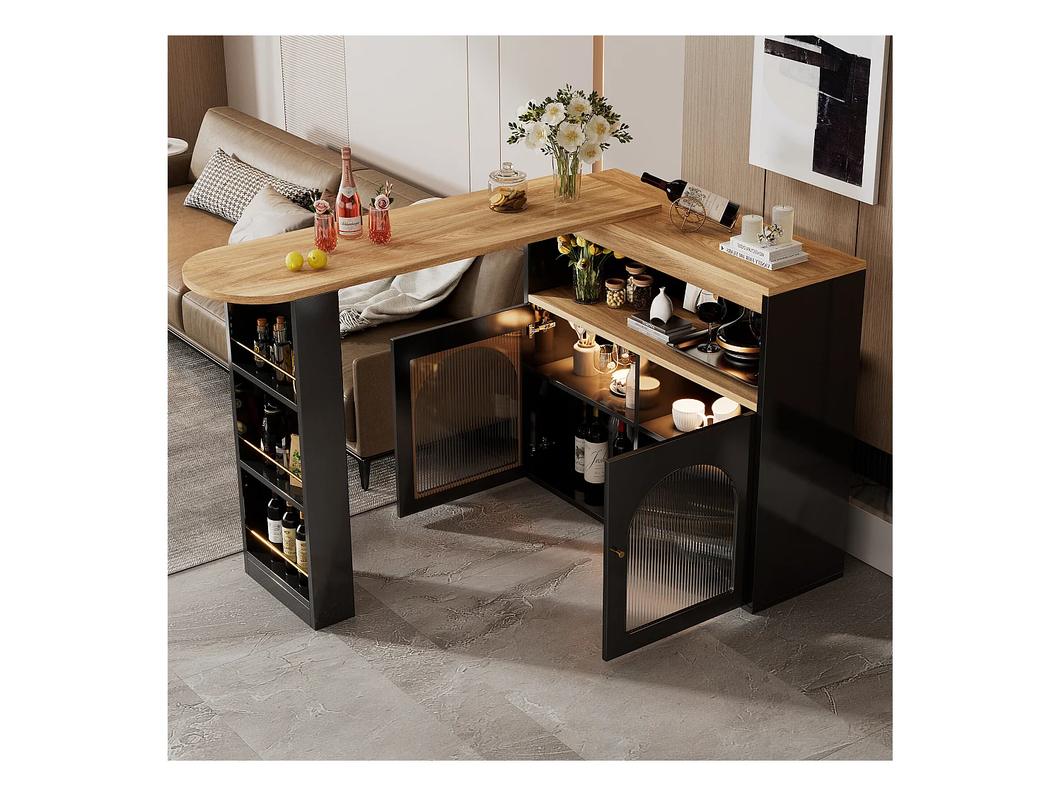 URBAN MEUBLE Table à manger extensible rotative moderne noir avec rangement et bande lumineuse LED