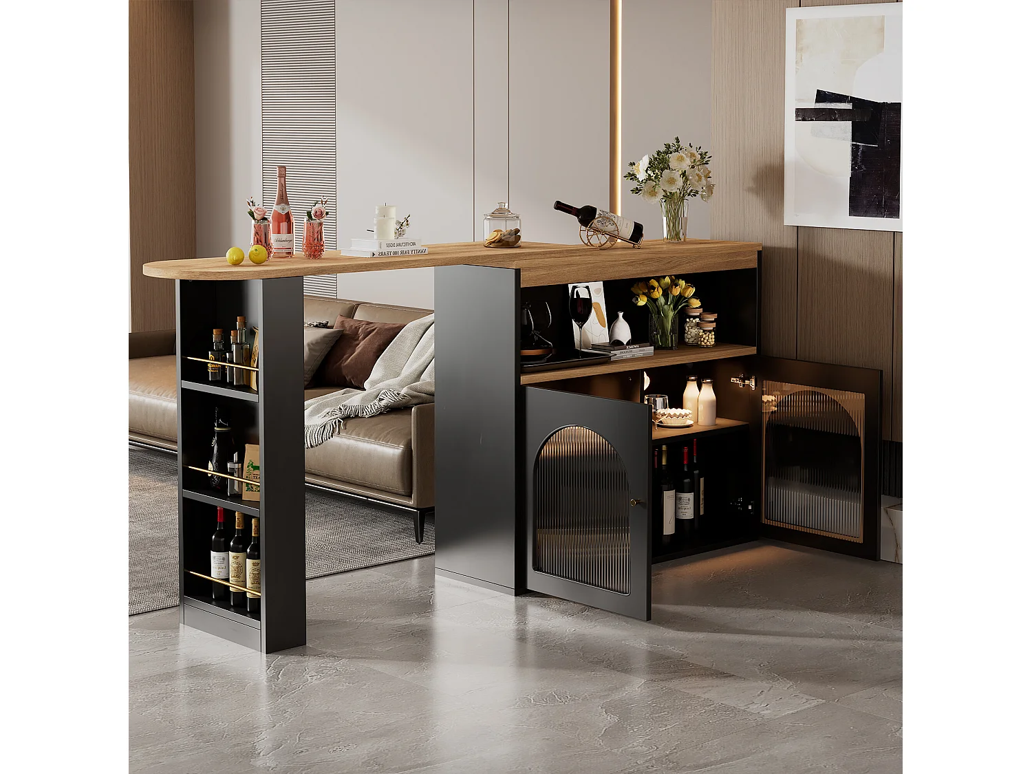 URBAN MEUBLE Table à manger extensible rotative moderne noir avec rangement et bande lumineuse LED