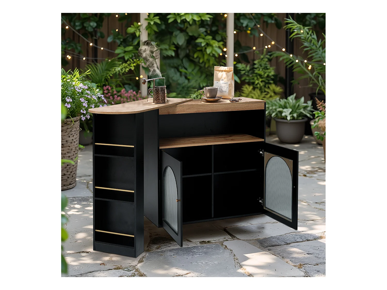 URBAN MEUBLE Table basse d'extérieur extensible rotative moderne noir avec rangement et bande lumineuse LED