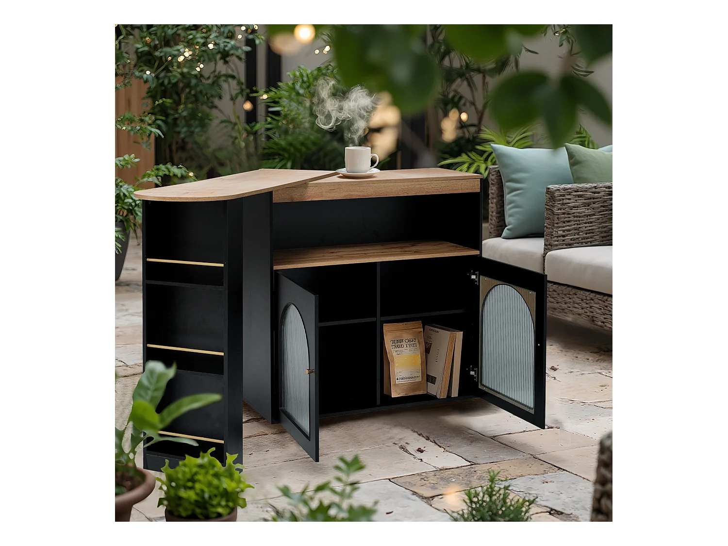 URBAN MEUBLE Table basse d'extérieur extensible rotative moderne noir avec rangement et bande lumineuse LED