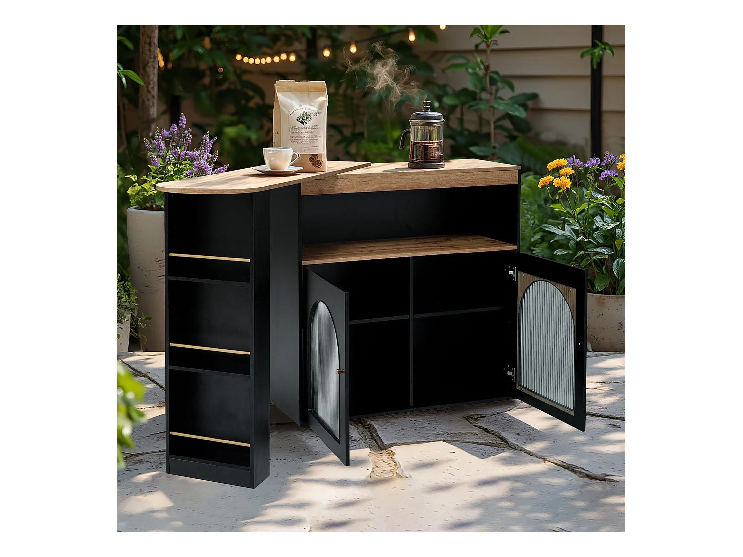 URBAN MEUBLE Table basse d'extérieur extensible rotative moderne noir avec rangement et bande lumineuse LED