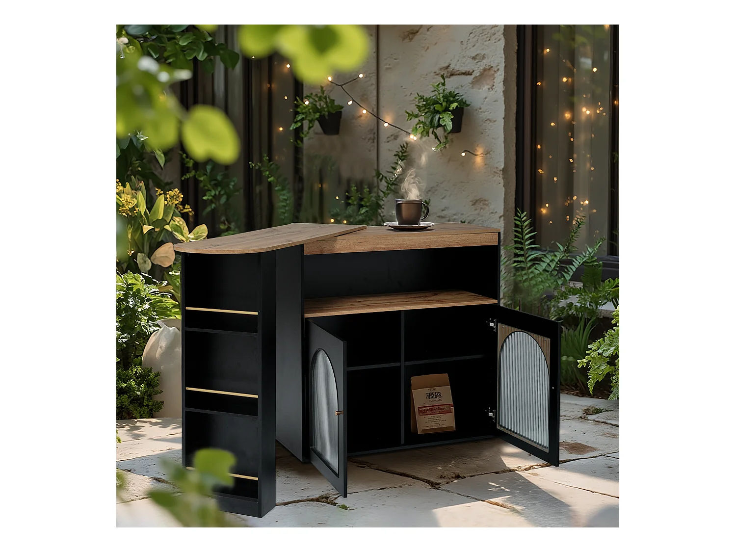 URBAN MEUBLE Table basse d'extérieur extensible rotative moderne noir avec rangement et bande lumineuse LED