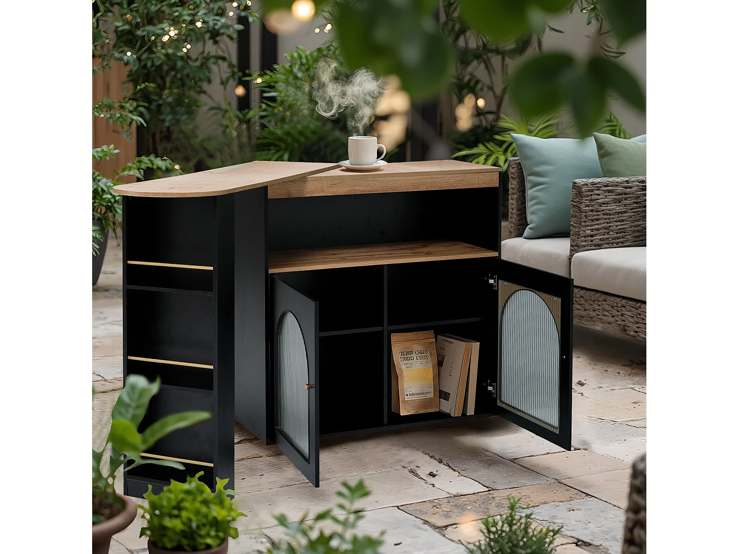 URBAN MEUBLE Table basse d'extérieur extensible rotative moderne noir avec rangement et bande lumineuse LED