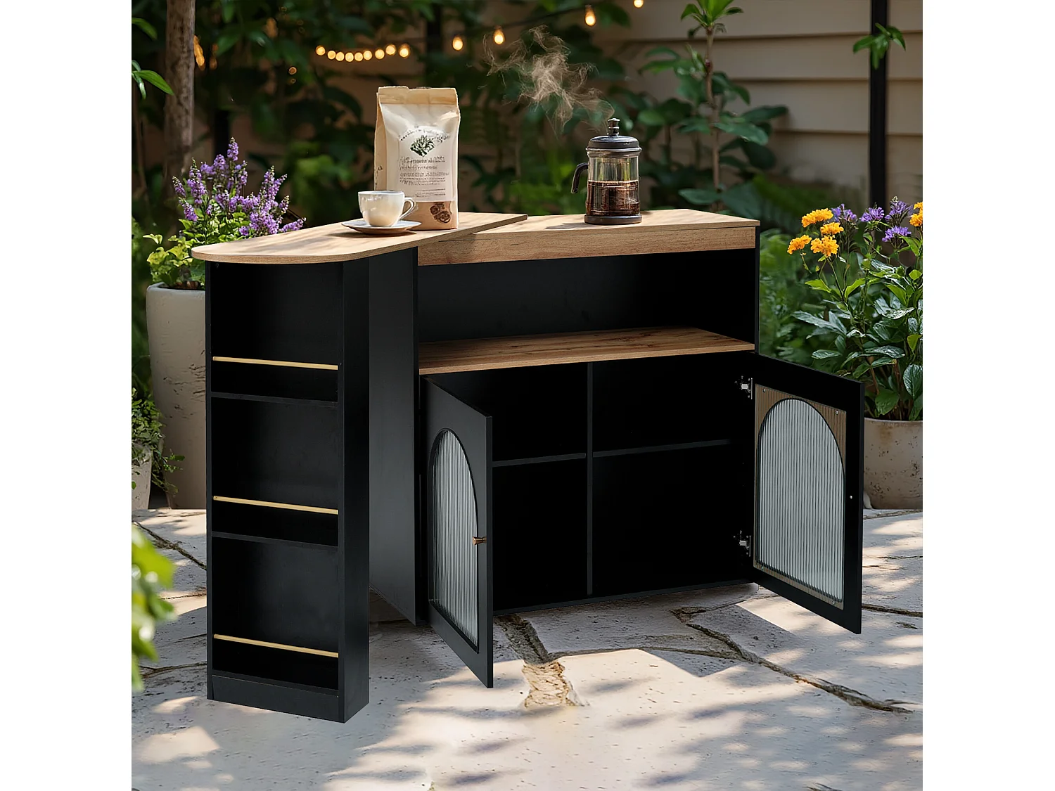 URBAN MEUBLE Table basse d'extérieur extensible rotative moderne noir avec rangement et bande lumineuse LED