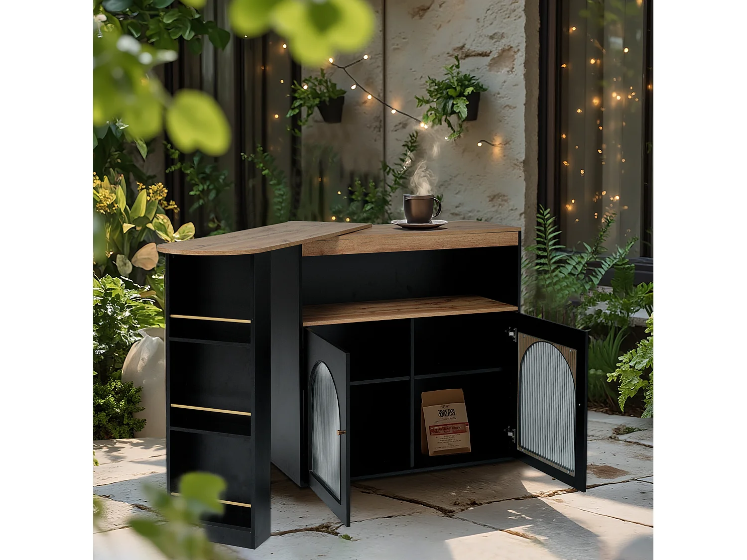 URBAN MEUBLE Table basse d'extérieur extensible rotative moderne noir avec rangement et bande lumineuse LED