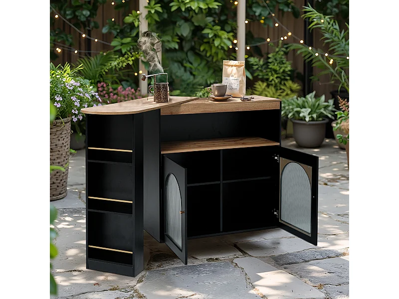 URBAN MEUBLE Table basse d'extérieur extensible rotative moderne noir avec rangement et bande lumineuse LED