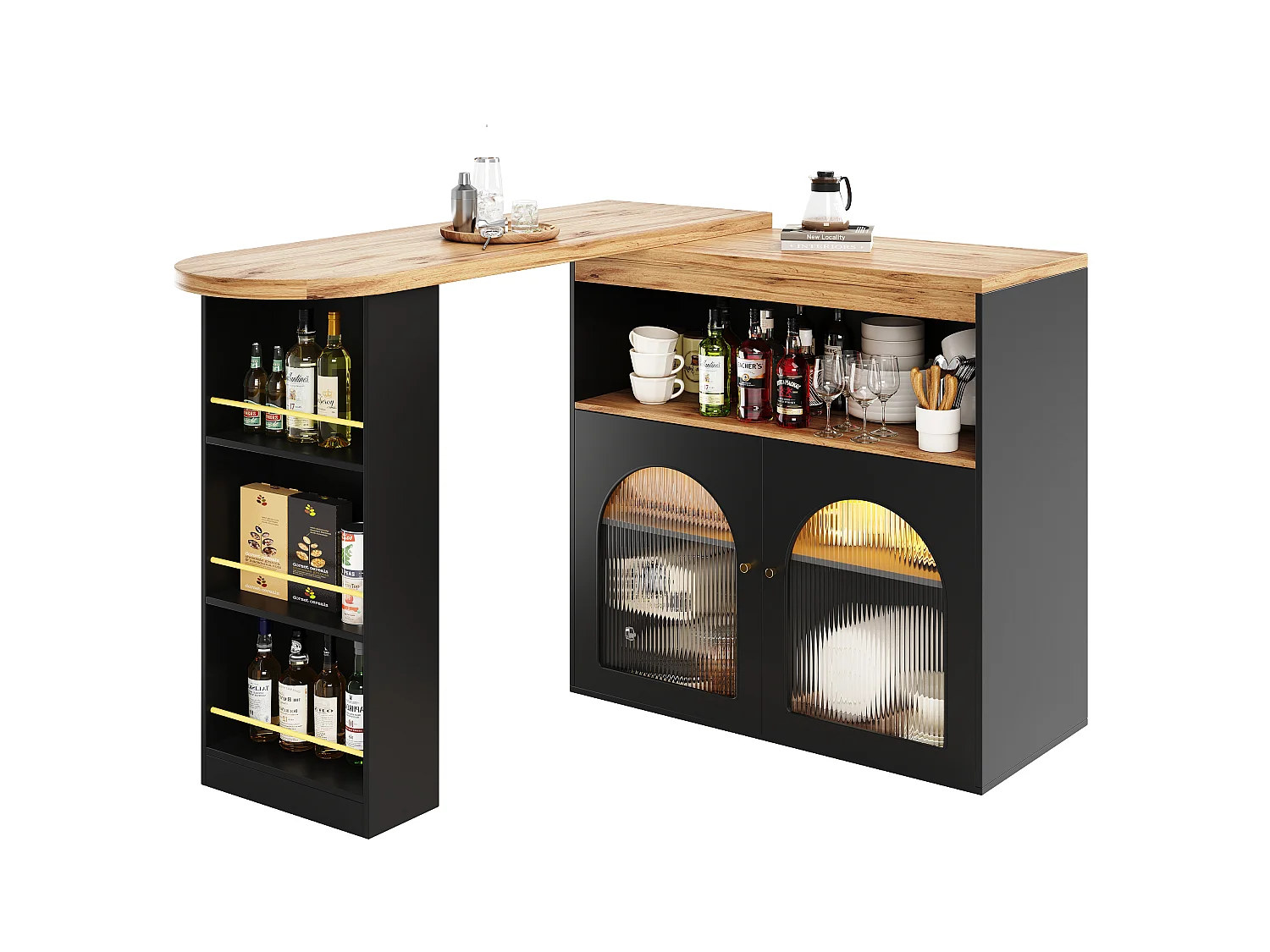 URBAN MEUBLE Buffet Table à manger extensible rotative moderne noir avec rangement et bande lumineuse LED