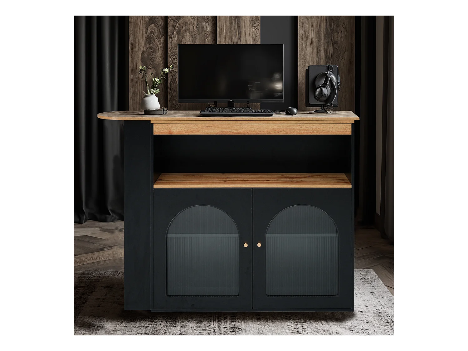 URBAN MEUBLE Console Table à manger extensible rotative moderne noir avec rangement et bande lumineuse LED