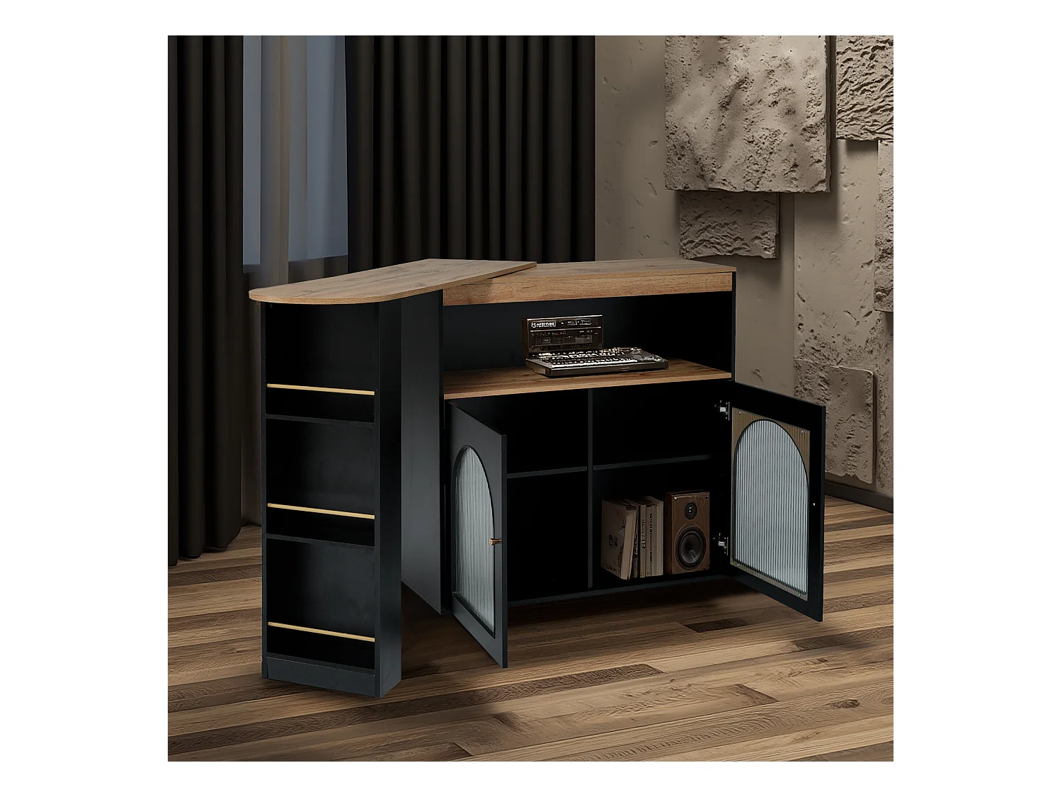 URBAN MEUBLE Console Table à manger extensible rotative moderne noir avec rangement et bande lumineuse LED