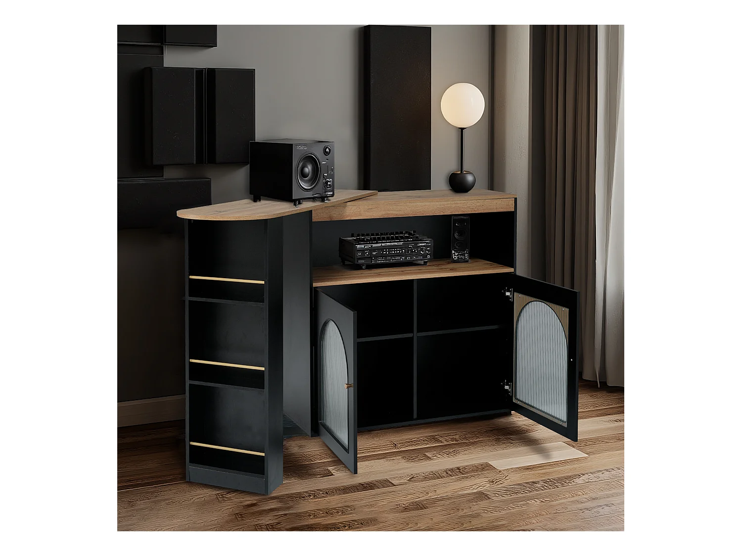 URBAN MEUBLE Console Table à manger extensible rotative moderne noir avec rangement et bande lumineuse LED