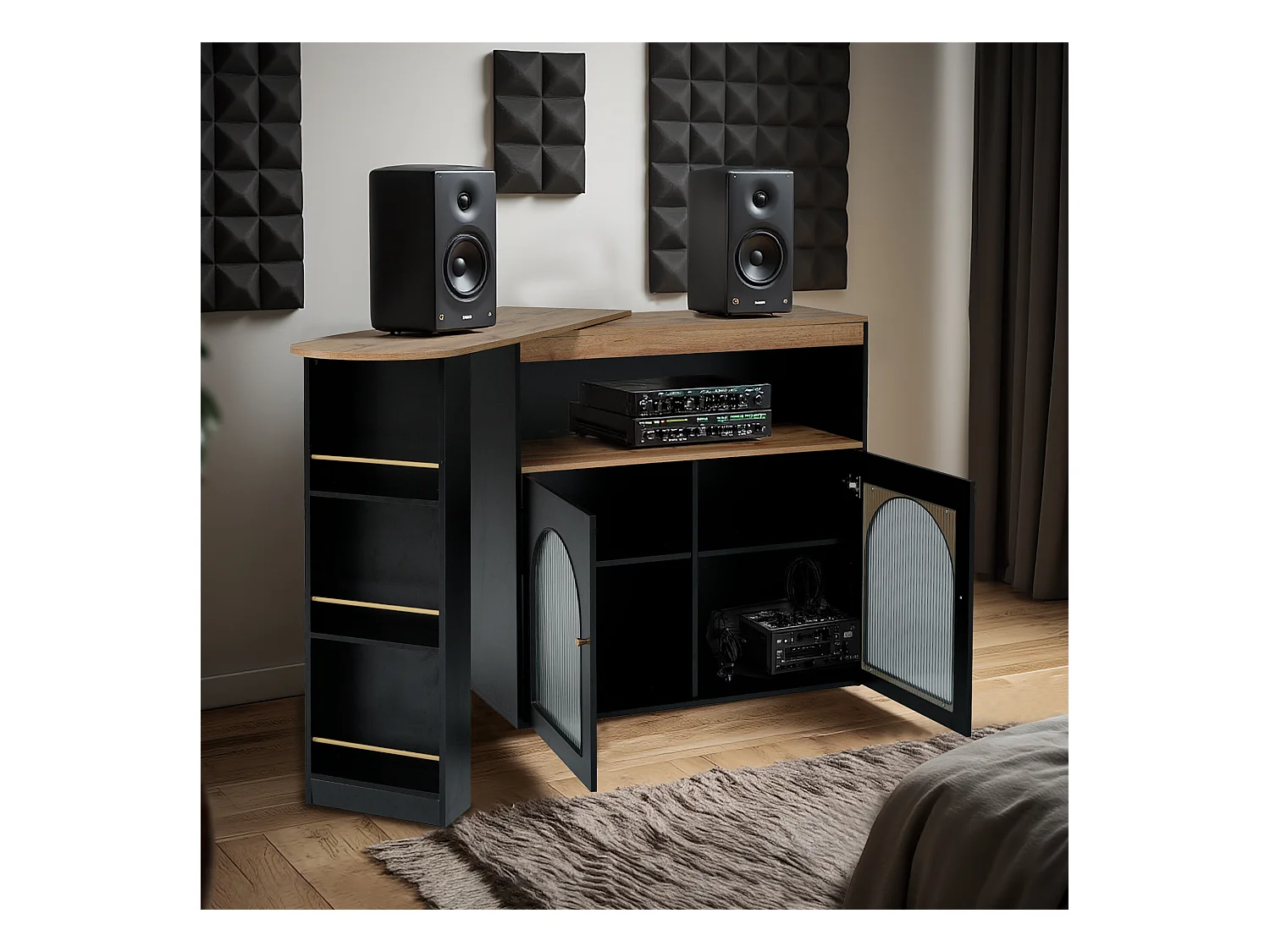 URBAN MEUBLE Console Table à manger extensible rotative moderne noir avec rangement et bande lumineuse LED