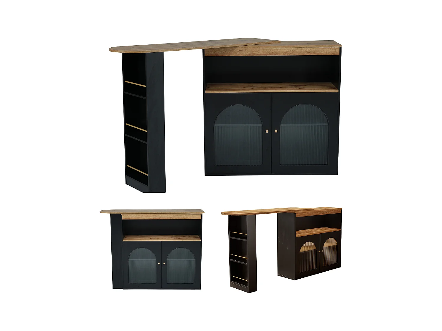 URBAN MEUBLE Console Table à manger extensible rotative moderne noir avec rangement et bande lumineuse LED