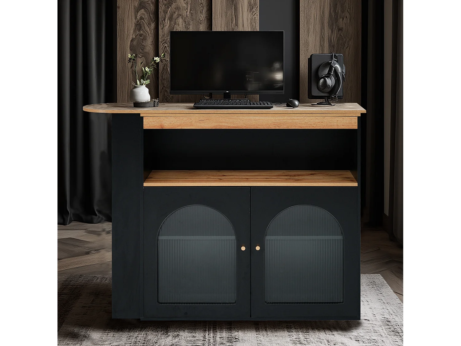 URBAN MEUBLE Console Table à manger extensible rotative moderne noir avec rangement et bande lumineuse LED