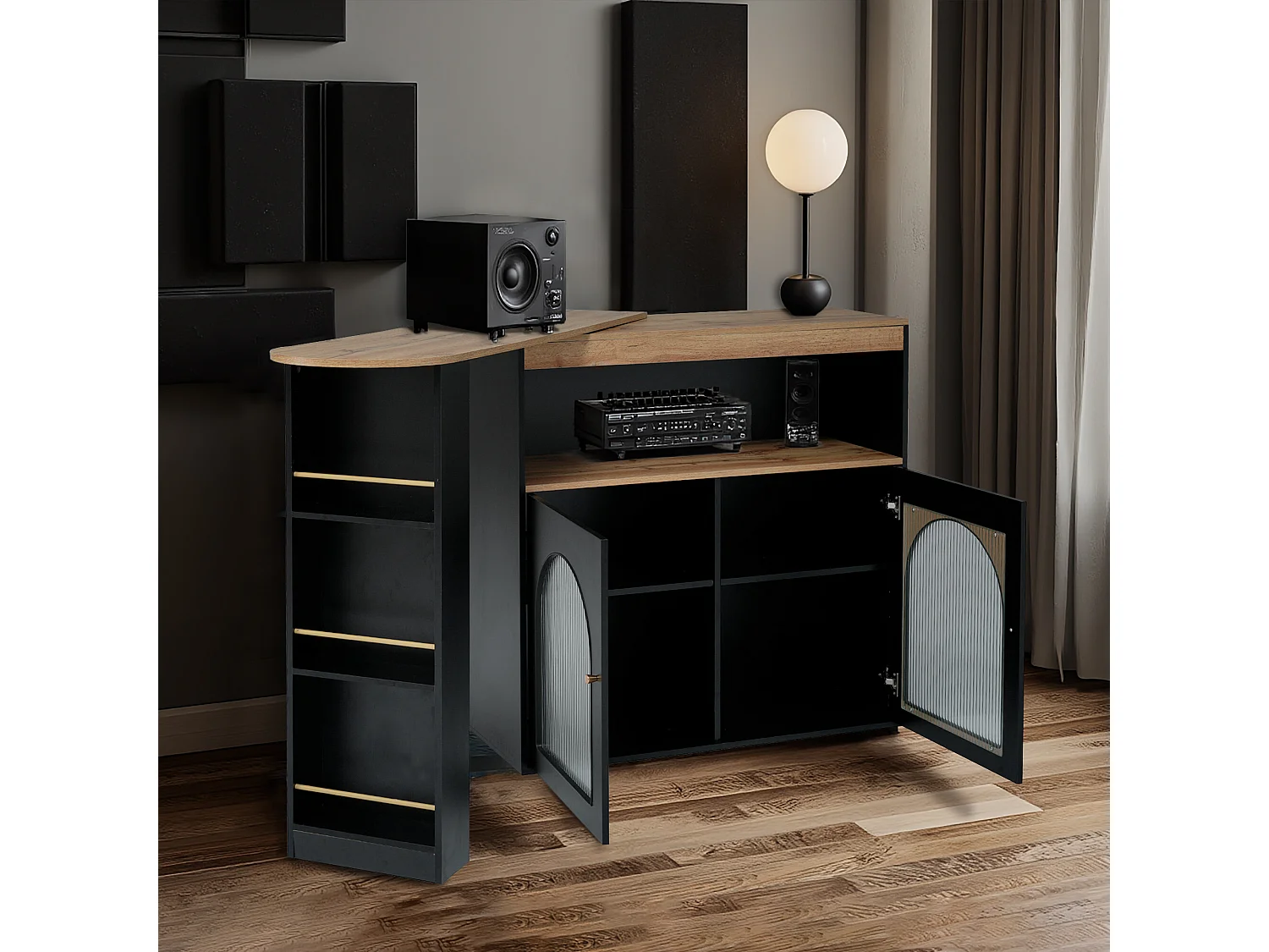 URBAN MEUBLE Console Table à manger extensible rotative moderne noir avec rangement et bande lumineuse LED