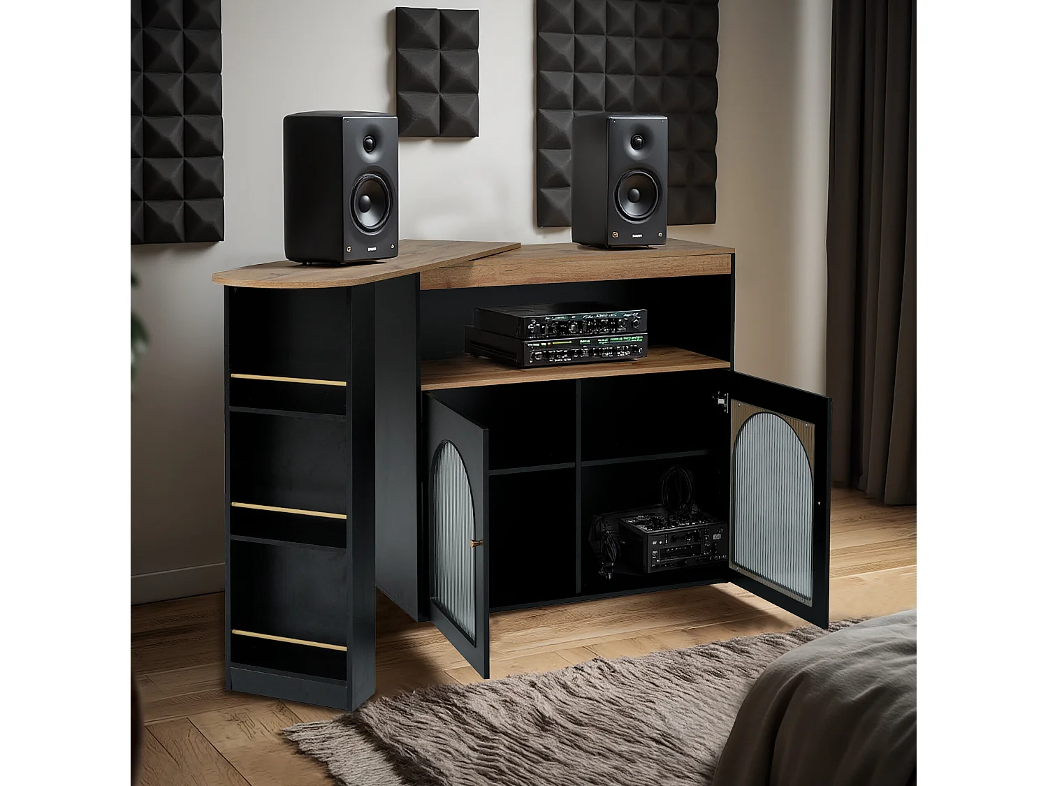 URBAN MEUBLE Console Table à manger extensible rotative moderne noir avec rangement et bande lumineuse LED