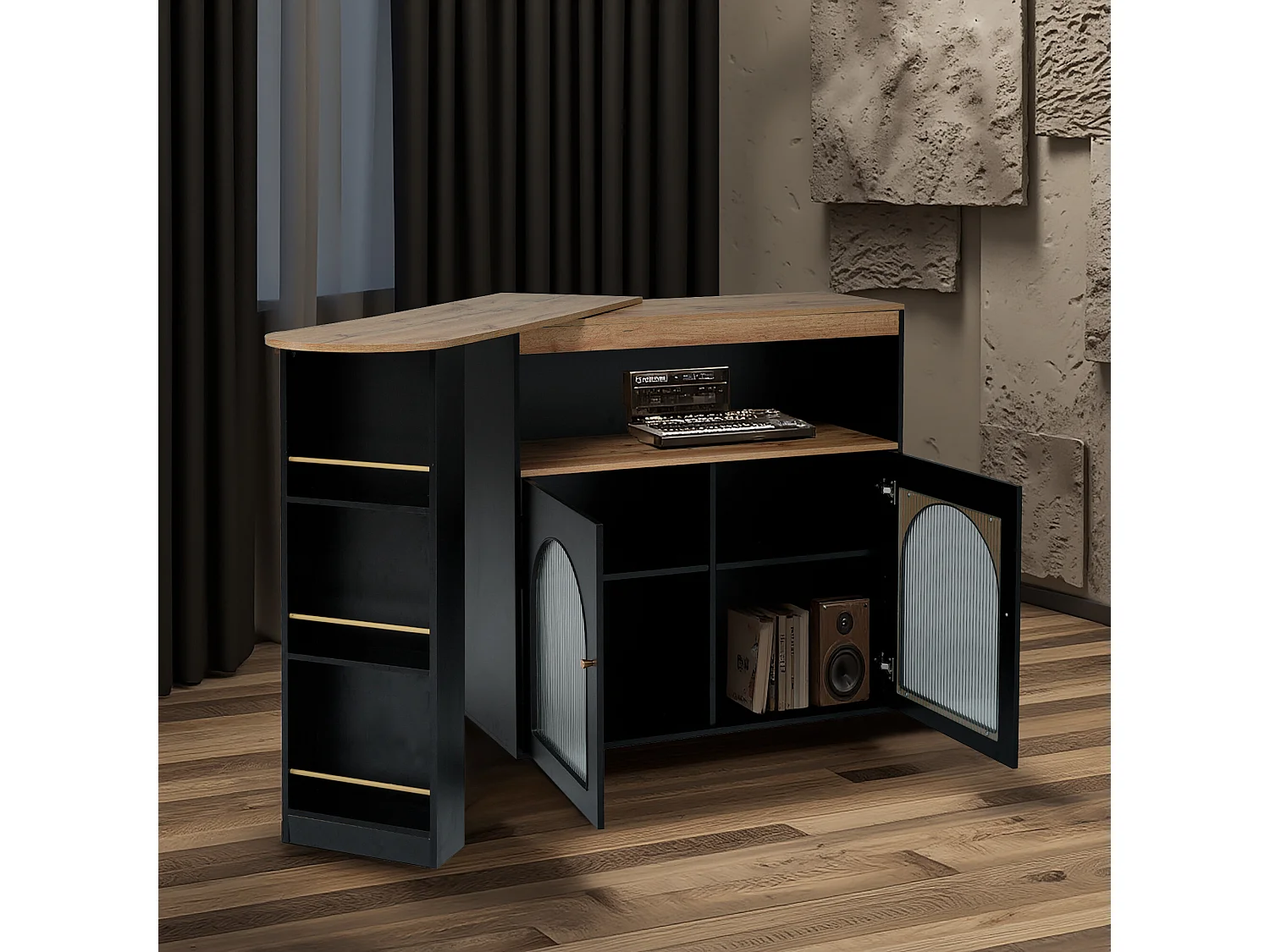 URBAN MEUBLE Console Table à manger extensible rotative moderne noir avec rangement et bande lumineuse LED