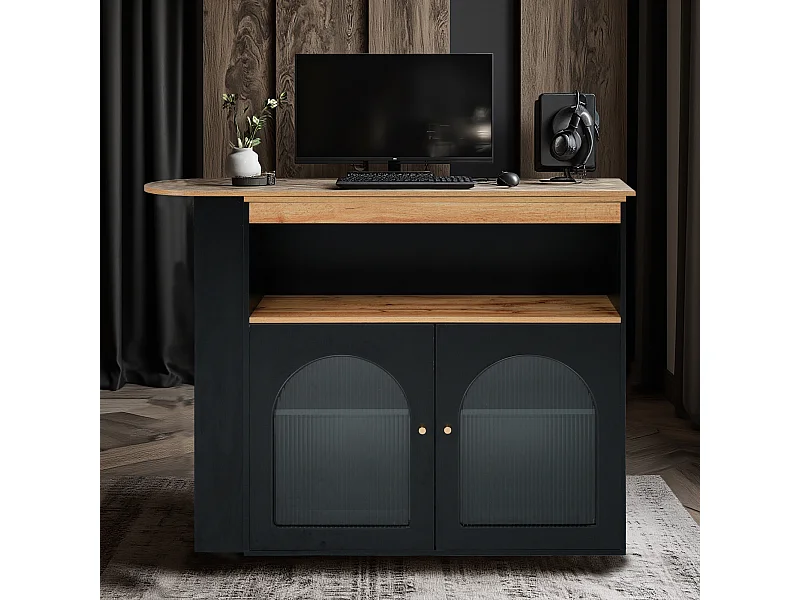 URBAN MEUBLE Console Table à manger extensible rotative moderne noir avec rangement et bande lumineuse LED