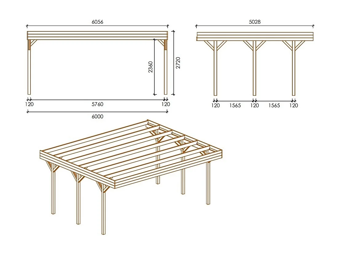 Tettoia posto auto coperto in legno 6.06x5.03 m - 30 m2 - copertura con lastra in acciaio  - CAR5+BLACHA1 - ALTANKA