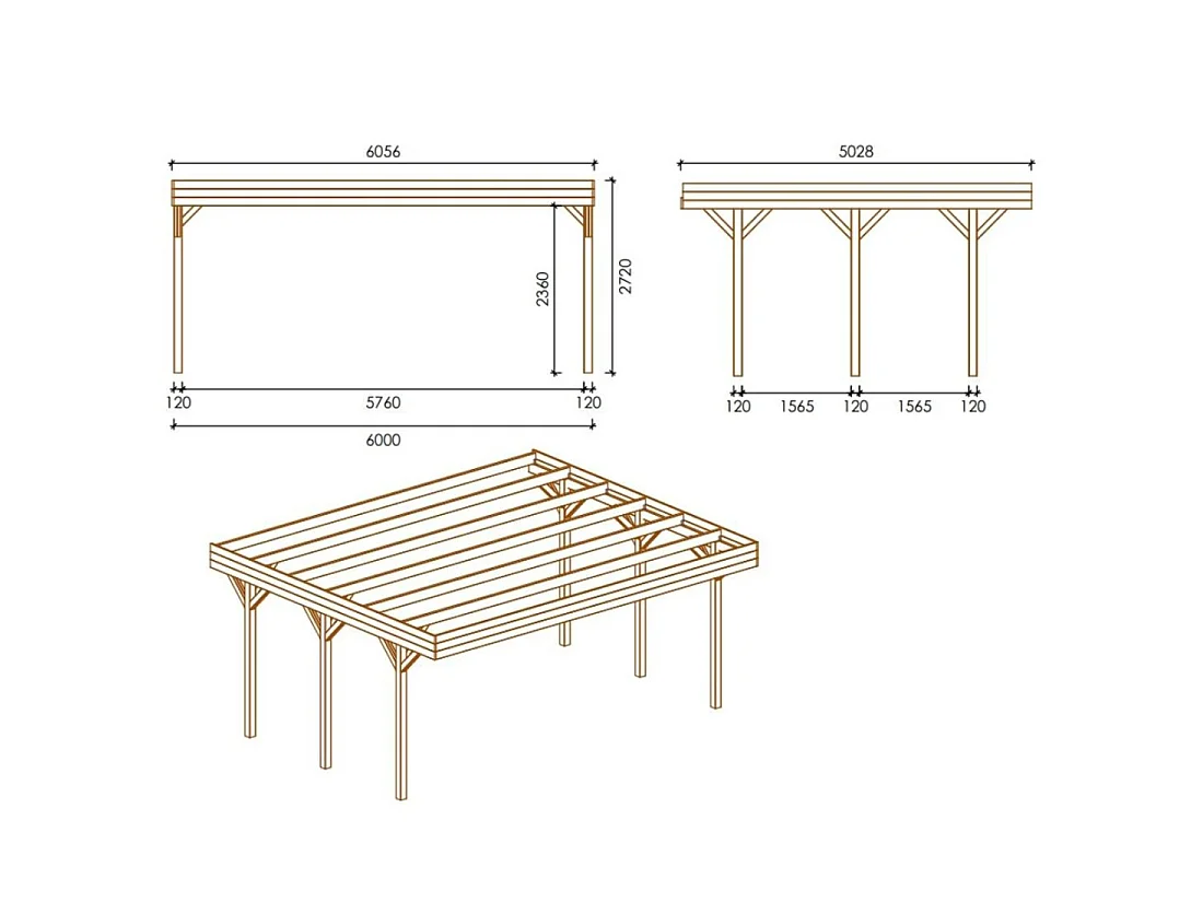 Tettoia posto auto coperto in legno 6.06x5.03 m - 30 m2 - copertura con lastra in acciaio  - CAR5+BLACHA1 - ALTANKA
