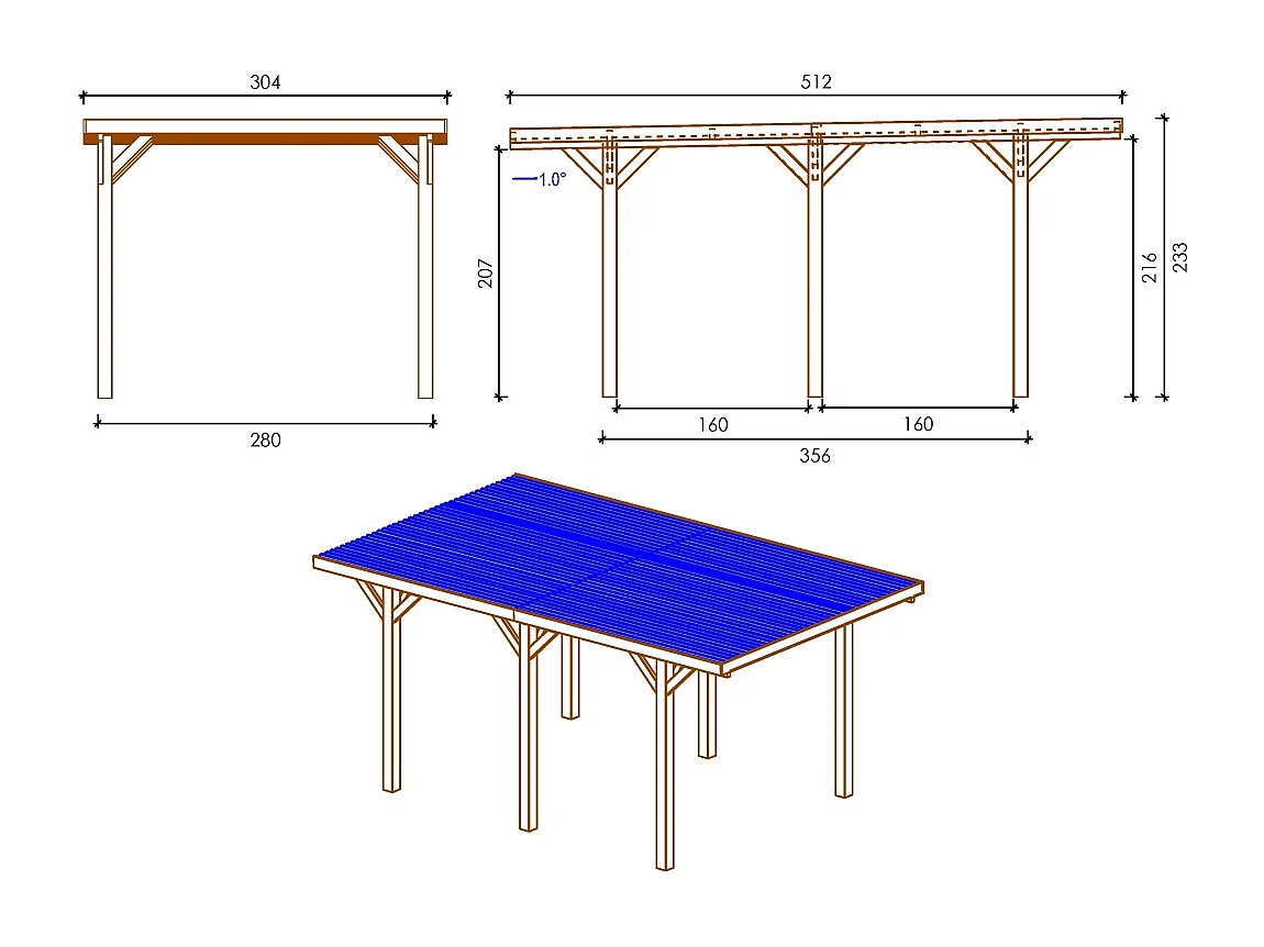 Tettoia posto auto coperto in legno 3.04x5.12 m - 15.56 m2 - copertura con lastra in acciaio  - CAR10+BLACHA1 - ALTANKA