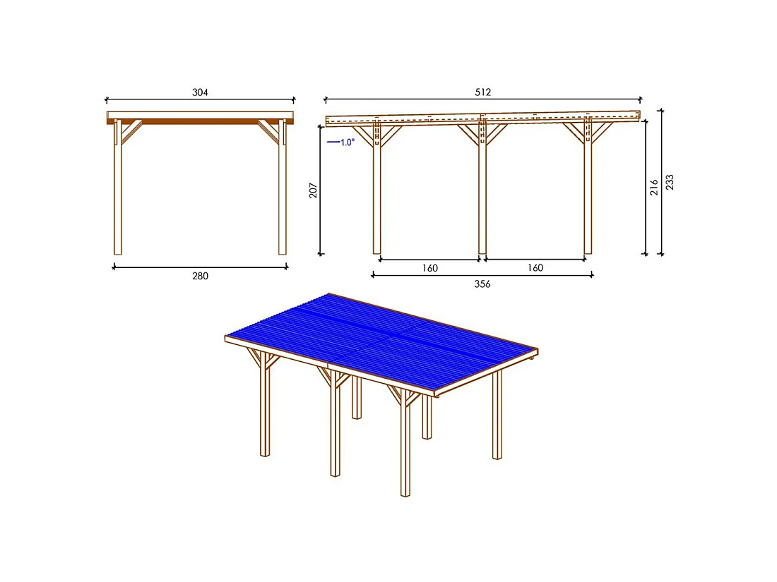 Tettoia posto auto coperto in legno 3.04x5.12 m - 15.56 m2 - copertura con lastra in acciaio  - CAR10+BLACHA1 - ALTANKA