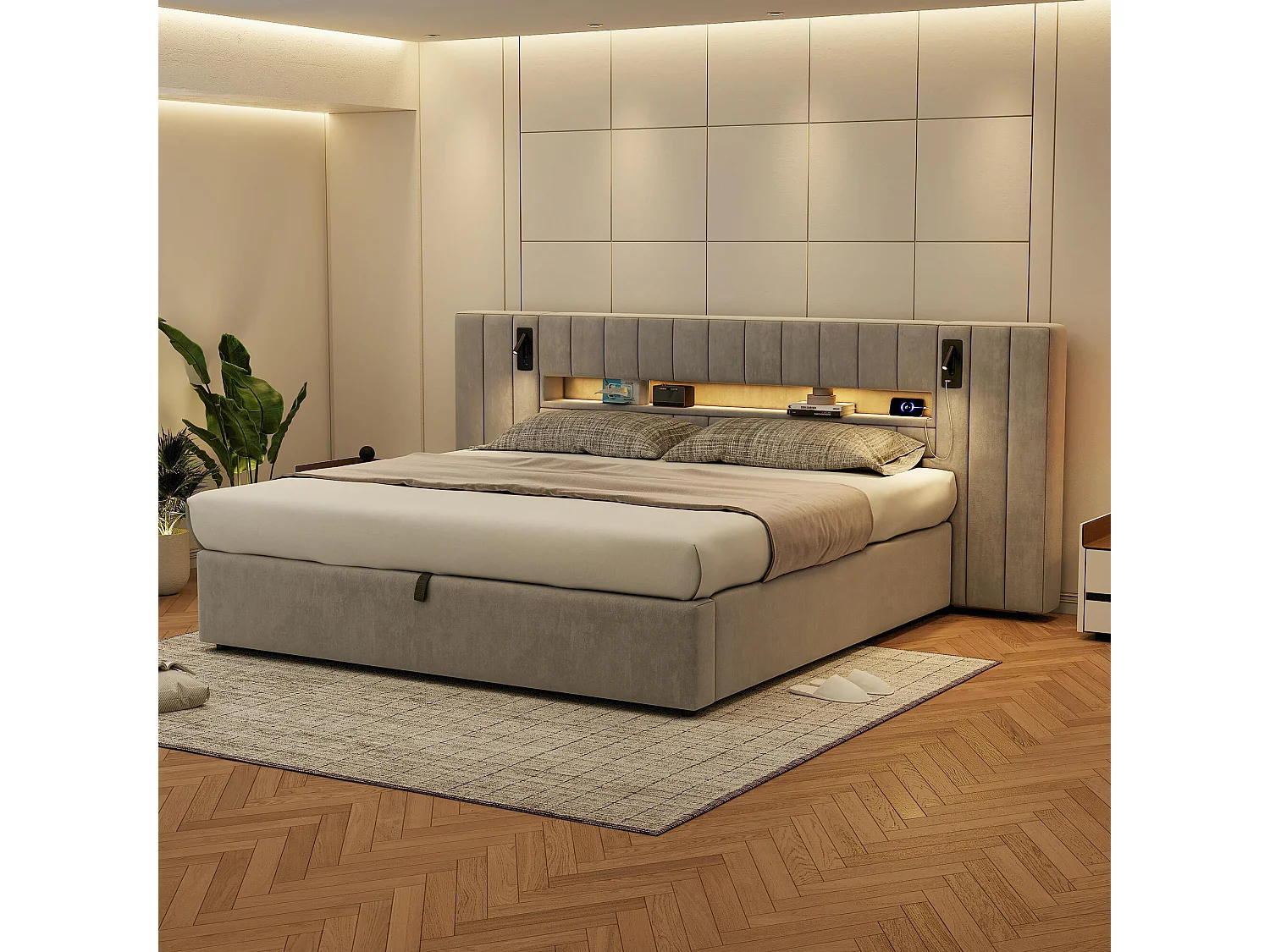 URBAN MEUBLE Cadre de lit coffre avec tête de lit rembourés velours gris avec éclairage LED, lampe de chevet et port USB (180x200cm)