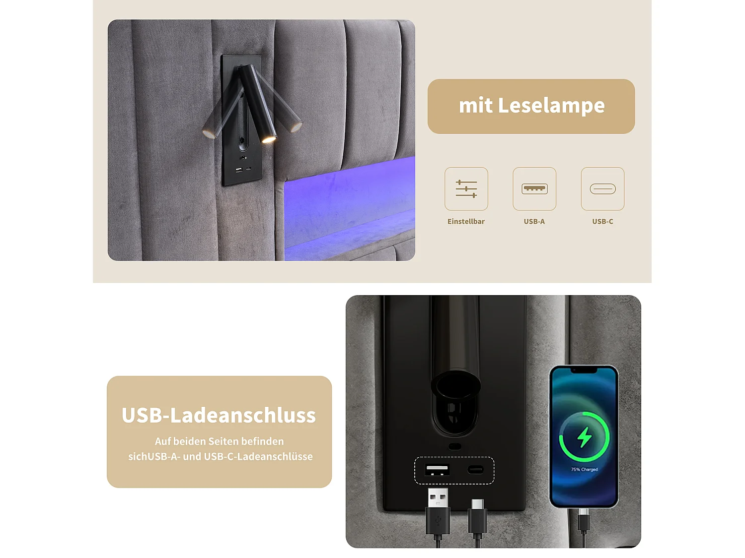 URBAN MEUBLE Cadre de lit coffre avec tête de lit rembourés velours gris avec éclairage LED, lampe de chevet et port USB (180x200cm)