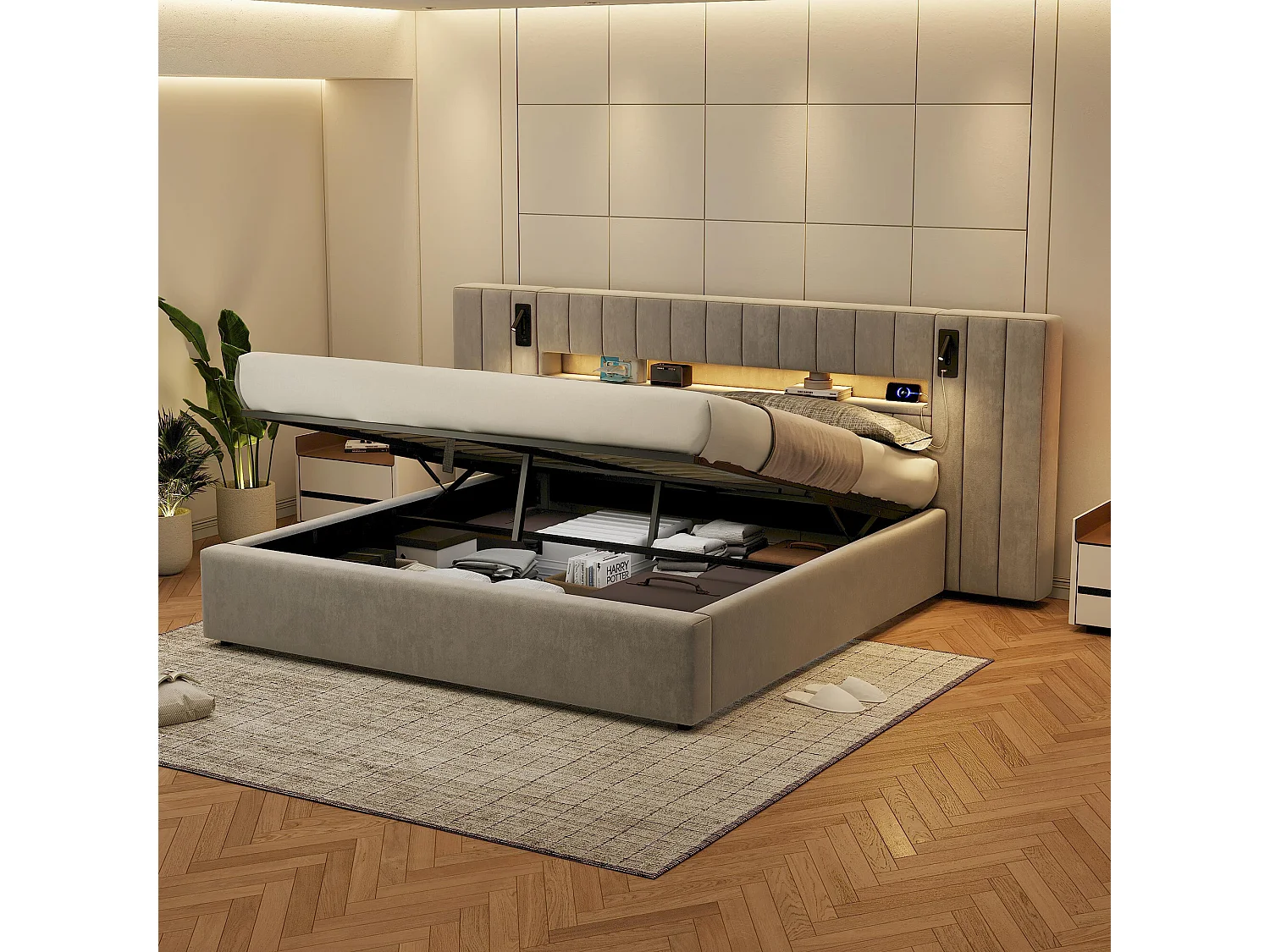 URBAN MEUBLE Cadre de lit coffre avec tête de lit rembourés velours gris avec éclairage LED, lampe de chevet et port USB (160x200cm)