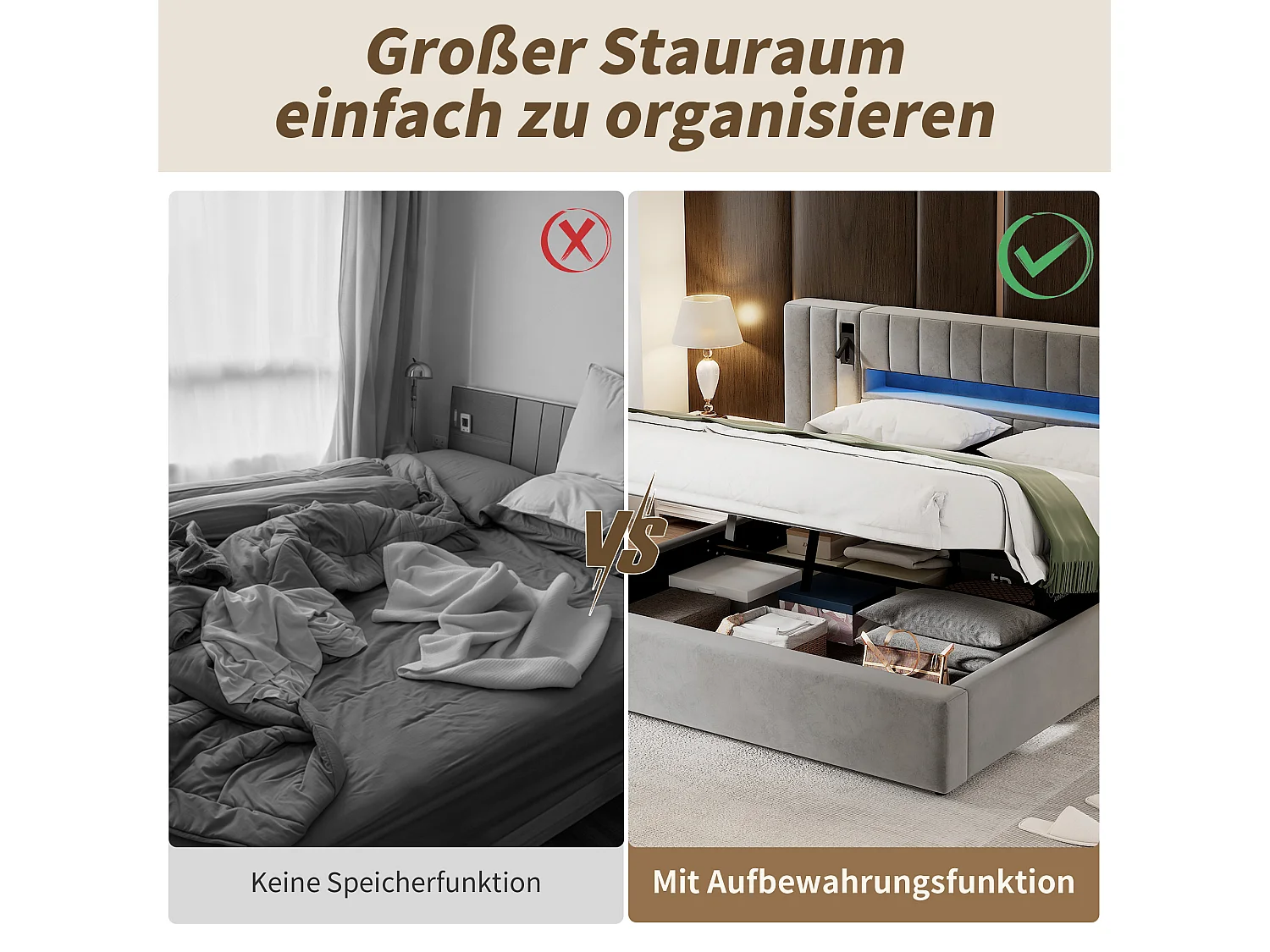 URBAN MEUBLE Cadre de lit coffre avec tête de lit rembourés velours gris avec éclairage LED, lampe de chevet et port USB (160x200cm)