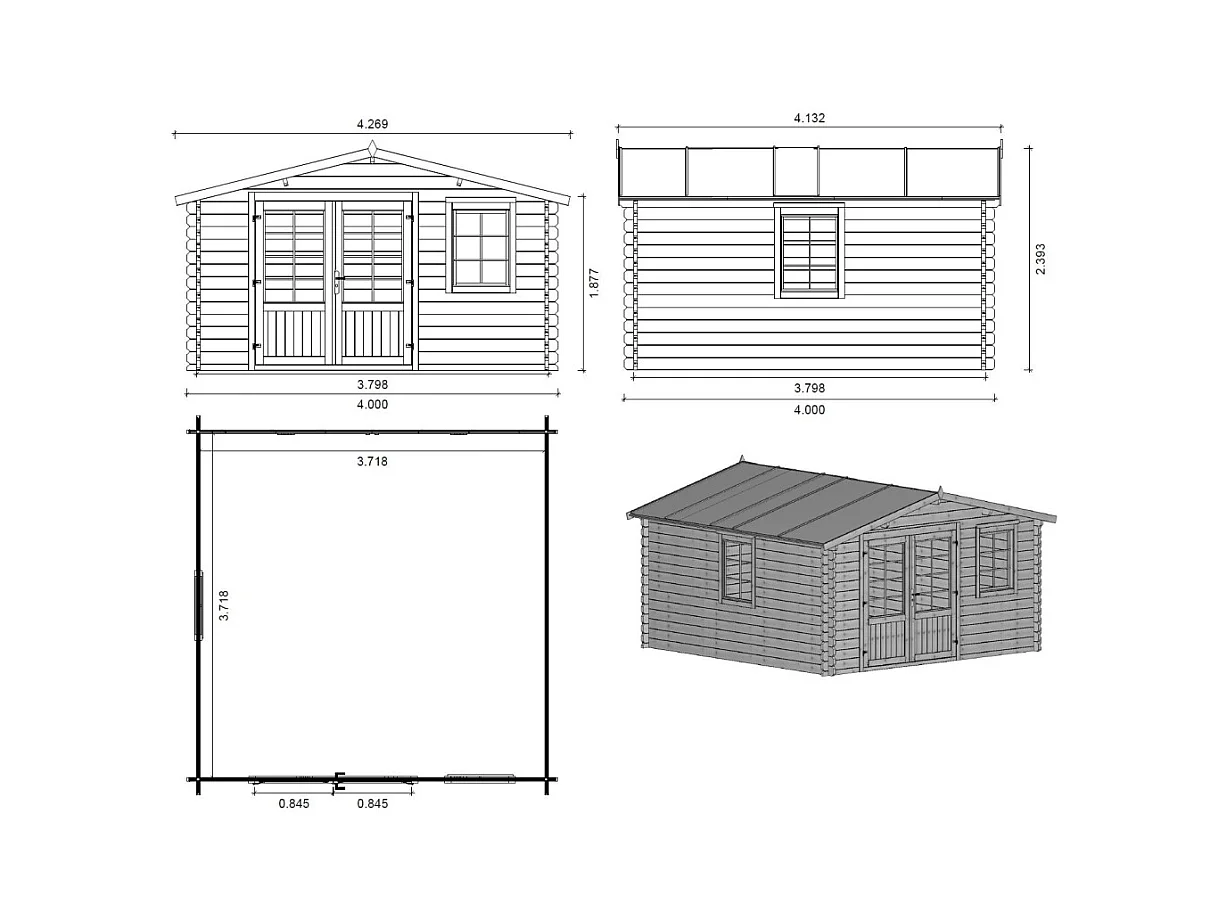 Abri de jardin en bois - 4x4 m + terrasse avec balustrade et avant-toit en bois - 28 m2 - DOM371+DOM618+DOM548+POD04 - ALTANKA
