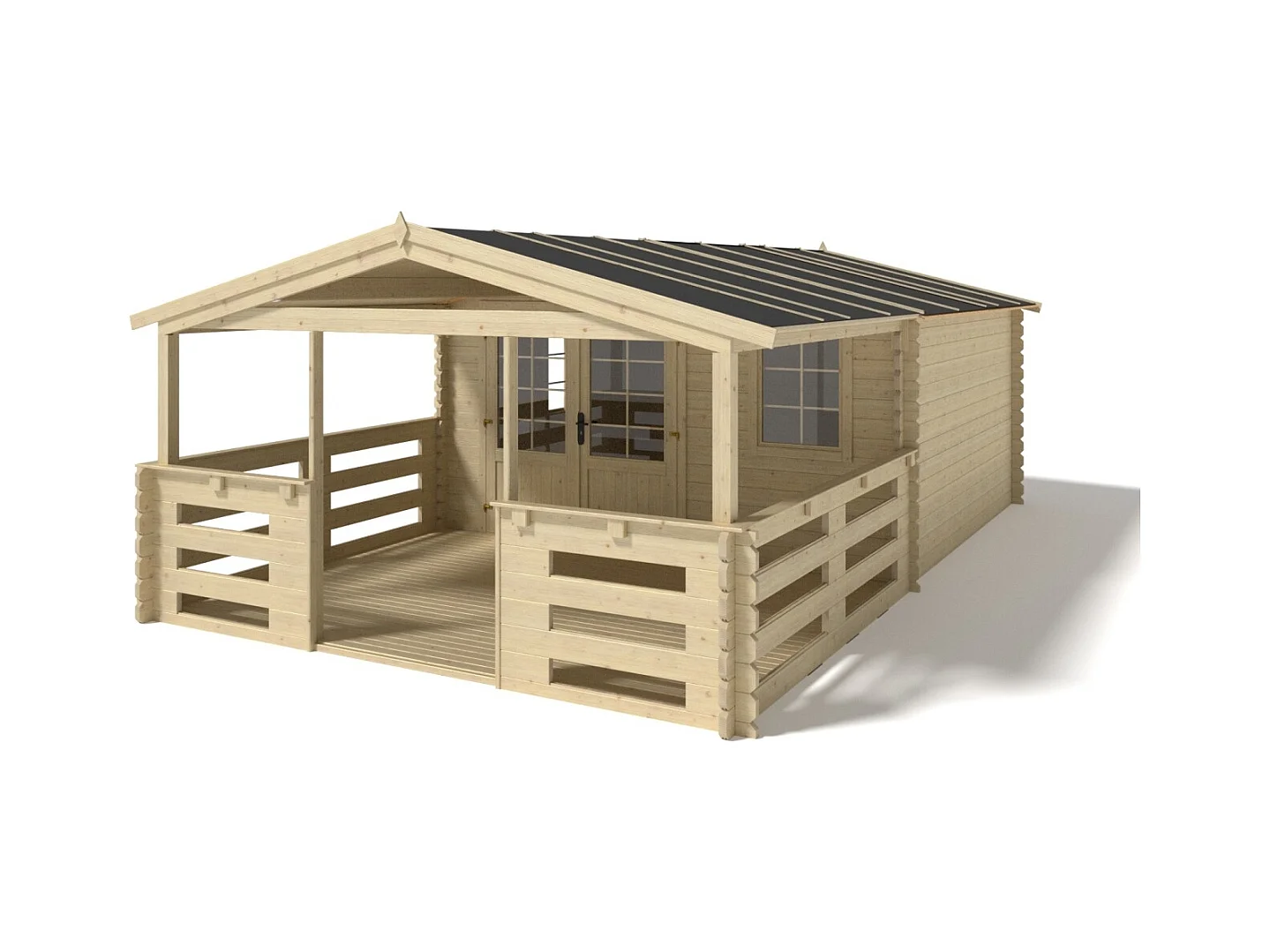Casetta da giardino in legno con veranda e tettoia - 28.00m2 - 4.00x4.00m - 40mm - colore: naturale - DOM371+DOM618+DOM548+POD04 - ALTANKA