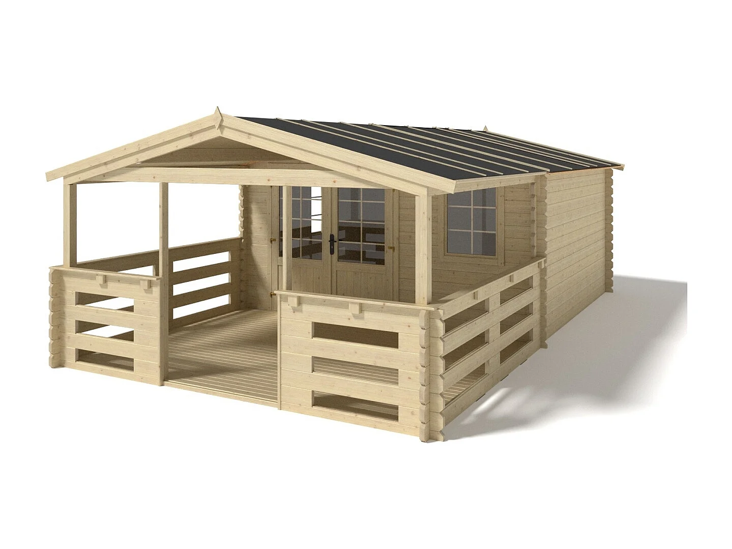 Abri de jardin en bois - 4x4 m + terrasse avec balustrade et avant-toit en bois - 28 m2 - DOM371+DOM618+DOM548+POD04 - ALTANKA
