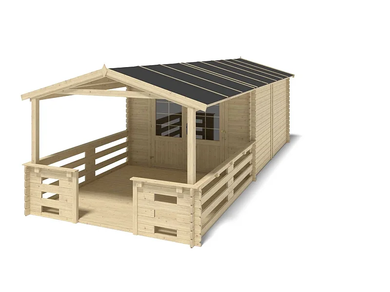 Casetta da giardino in legno con veranda e tettoia - 21.00m2 - 3.00x4.00m - 28mm - colore: naturale - DOM661+DOM394+DOM395+POD04 - ALTANKA